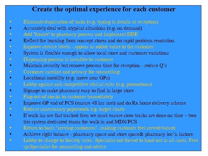 Create the optimal experience for each customer • • • • • Eliminate duplication