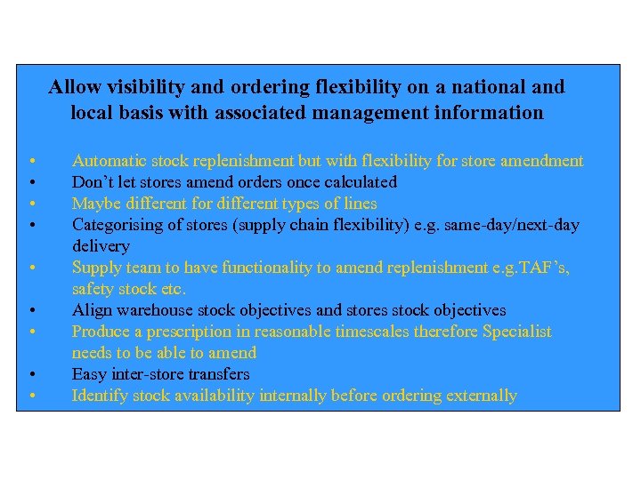 Allow visibility and ordering flexibility on a national and local basis with associated management