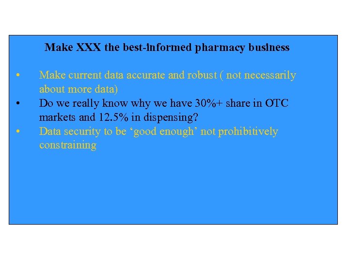 Make XXX the best-informed pharmacy business • • • Make current data accurate and