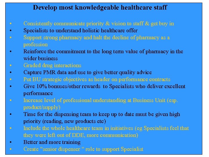Develop most knowledgeable healthcare staff • • • • Consistently communicate priority & vision
