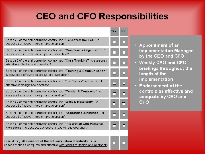 CEO and CFO Responsibilities • Appointment of an Implementation Manager by the CEO and