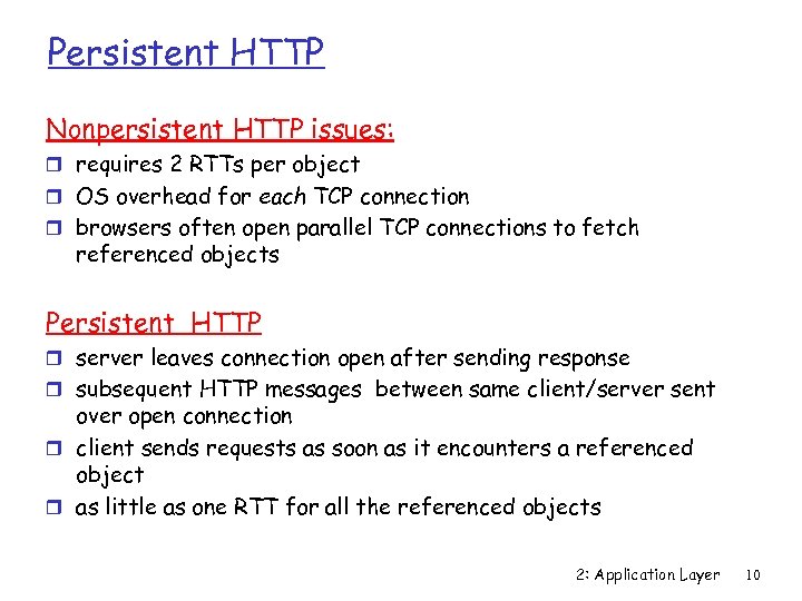 Persistent HTTP Nonpersistent HTTP issues: r requires 2 RTTs per object r OS overhead