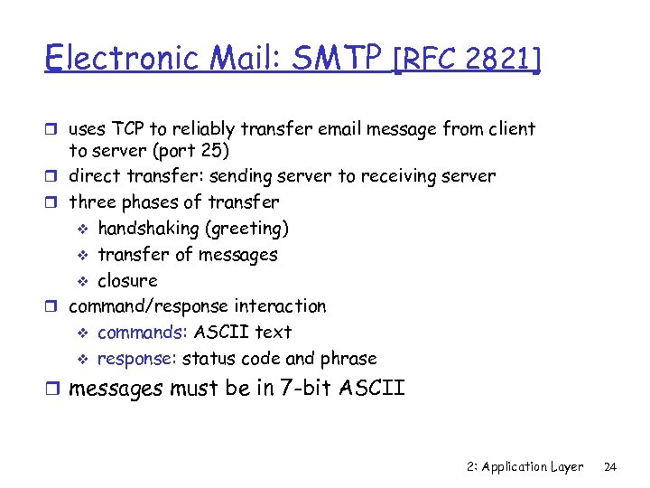 Electronic Mail: SMTP [RFC 2821] r uses TCP to reliably transfer email message from