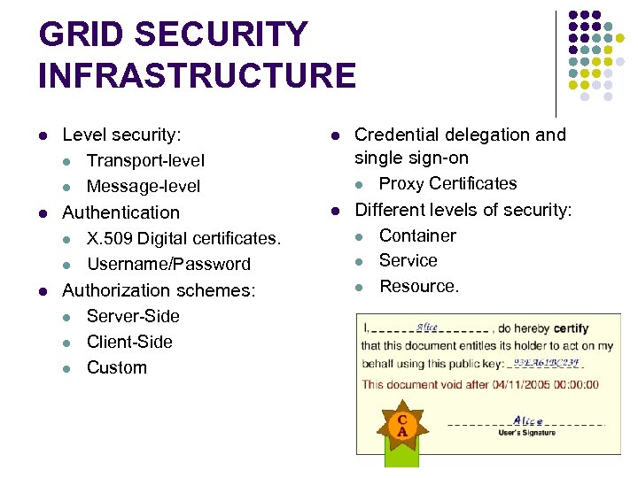 GRID SECURITY INFRASTRUCTURE l l l Level security: l Transport-level l Message-level Authentication l