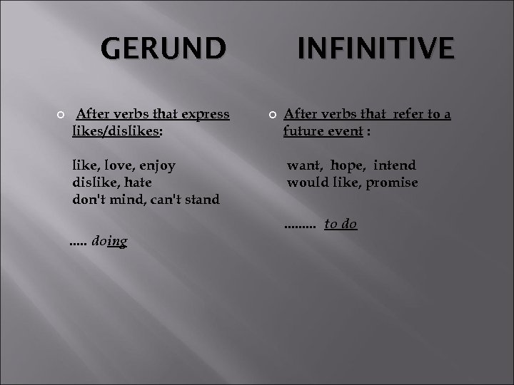 GERUND After verbs that express likes/dislikes: like, love, enjoy dislike, hate don't mind, can't