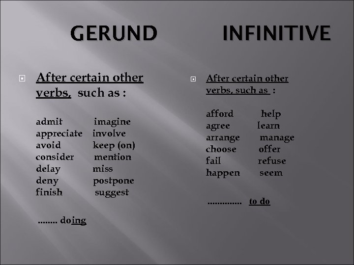 GERUND After certain other verbs, such as : admit imagine appreciate involve avoid keep