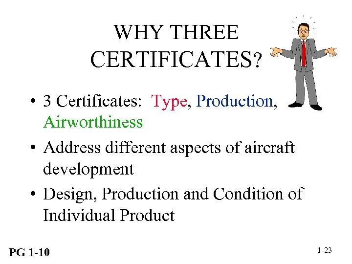 WHY THREE CERTIFICATES? • 3 Certificates: Type, Production, Airworthiness • Address different aspects of