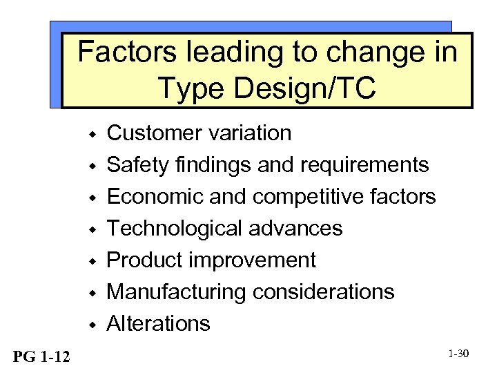 Factors leading to change in Type Design/TC w w w w PG 1 -12