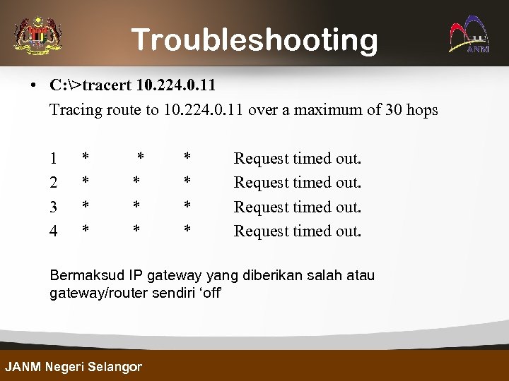 Troubleshooting • C: >tracert 10. 224. 0. 11 Tracing route to 10. 224. 0.