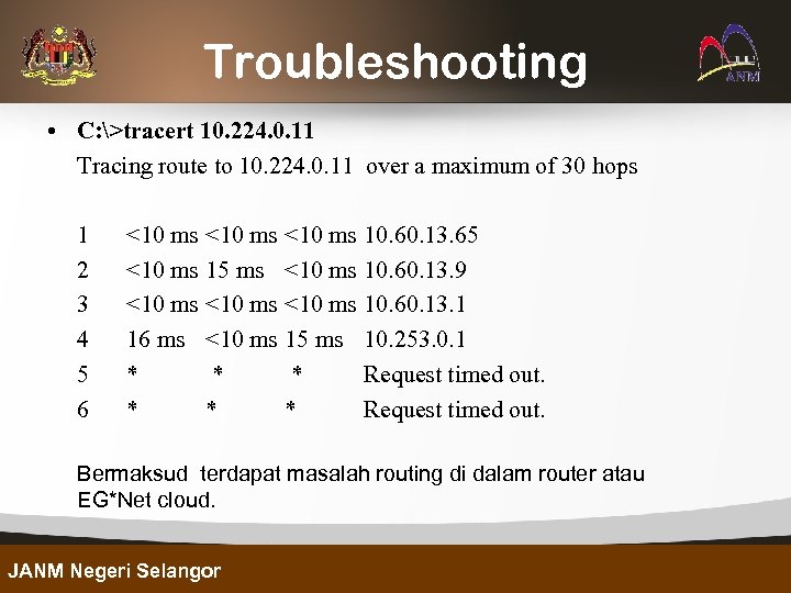 Troubleshooting • C: >tracert 10. 224. 0. 11 Tracing route to 10. 224. 0.