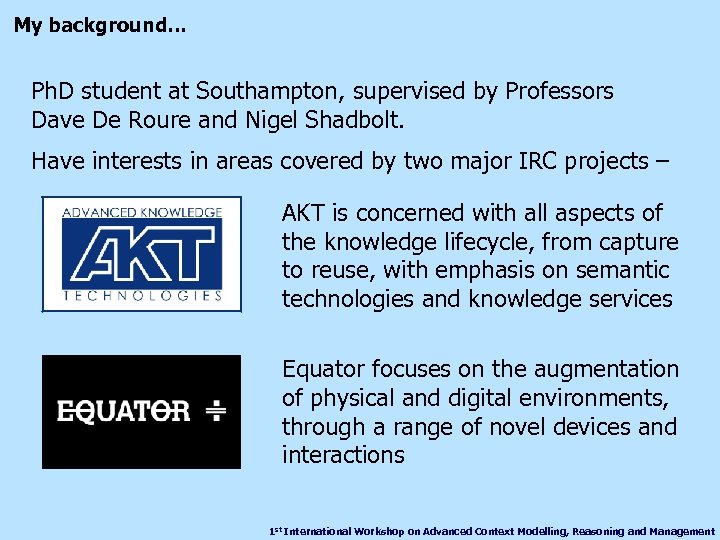 My background… Ph. D student at Southampton, supervised by Professors Dave De Roure and