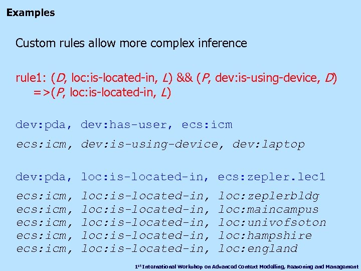 Examples Custom rules allow more complex inference rule 1: (D, loc: is-located-in, L) &&