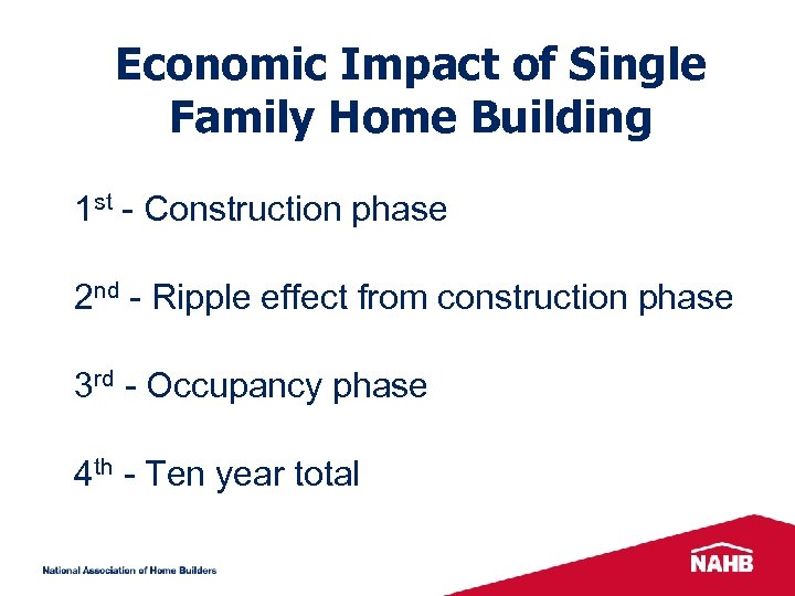 Economic Impact of Single Family Home Building 1 st - Construction phase 2 nd