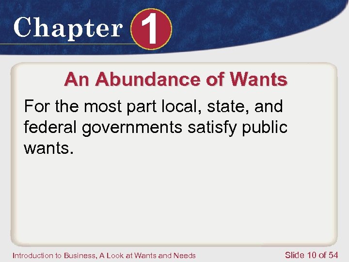 Chapter 1 An Abundance of Wants For the most part local, state, and federal