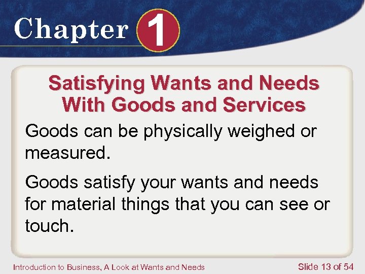 Chapter 1 Satisfying Wants and Needs With Goods and Services Goods can be physically