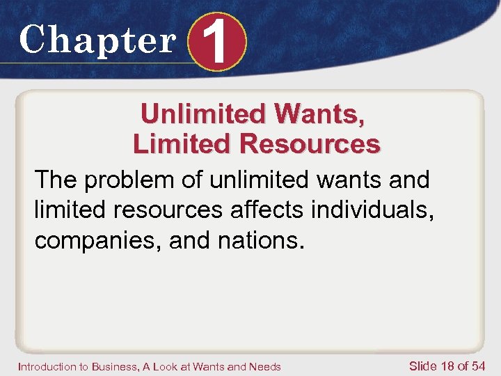 Chapter 1 Unlimited Wants, Limited Resources The problem of unlimited wants and limited resources