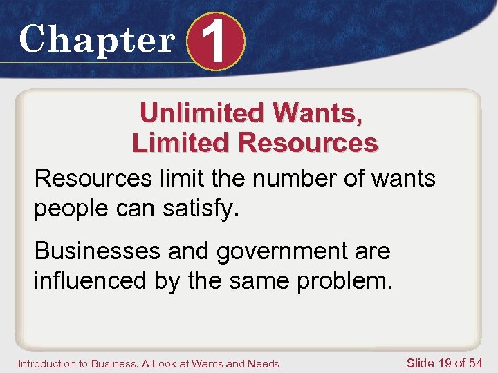 Chapter 1 Unlimited Wants, Limited Resources limit the number of wants people can satisfy.