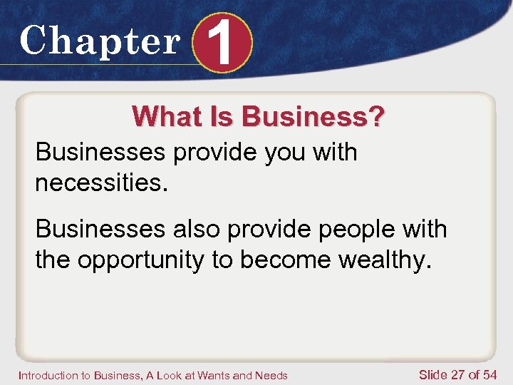 Chapter 1 What Is Business? Businesses provide you with necessities. Businesses also provide people