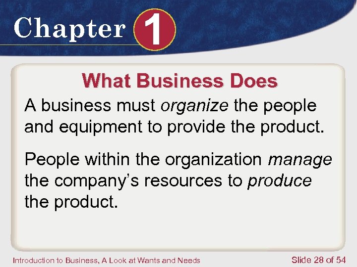 Chapter 1 What Business Does A business must organize the people and equipment to