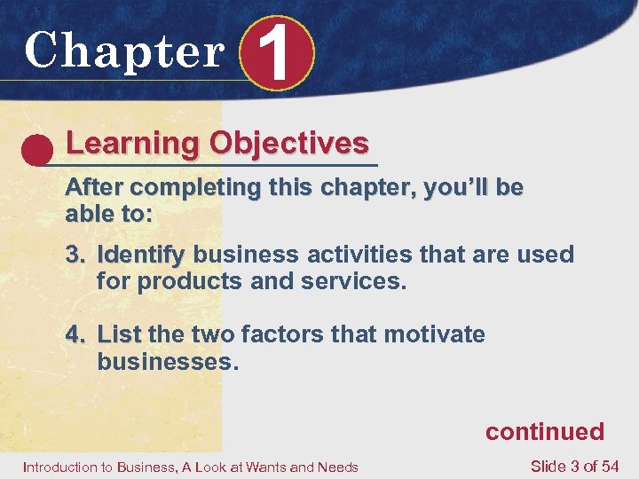 Chapter 1 Learning Objectives After completing this chapter, you’ll be able to: 3. Identify