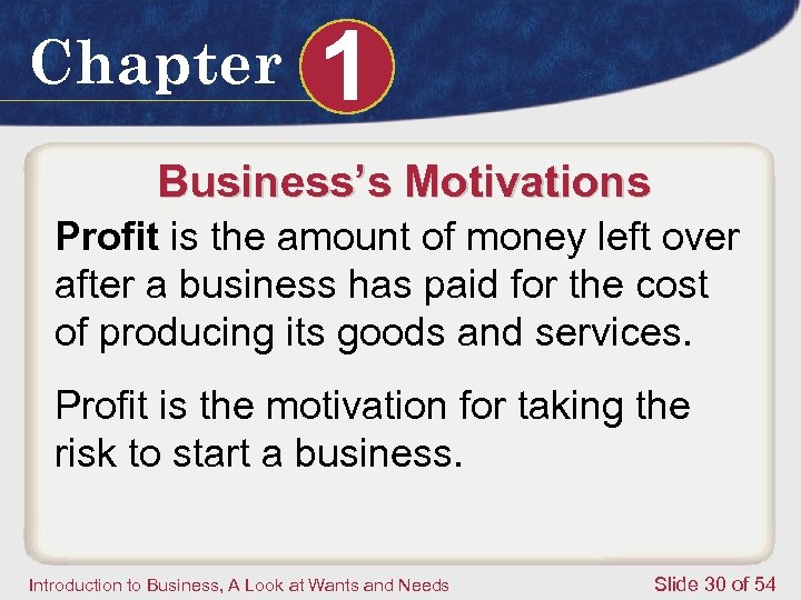 Chapter 1 Business’s Motivations Profit is the amount of money left over after a