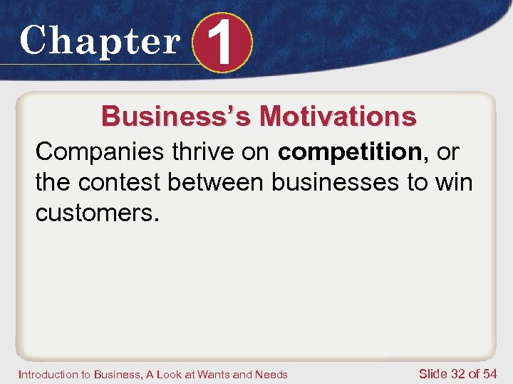 Chapter 1 Business’s Motivations Companies thrive on competition, or the contest between businesses to