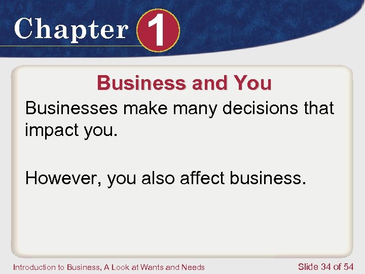 Chapter 1 Business and You Businesses make many decisions that impact you. However, you