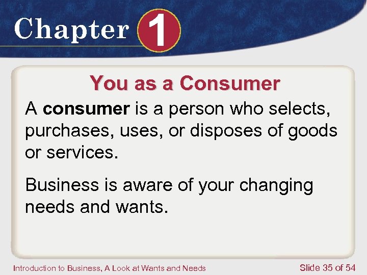 Chapter 1 You as a Consumer A consumer is a person who selects, purchases,