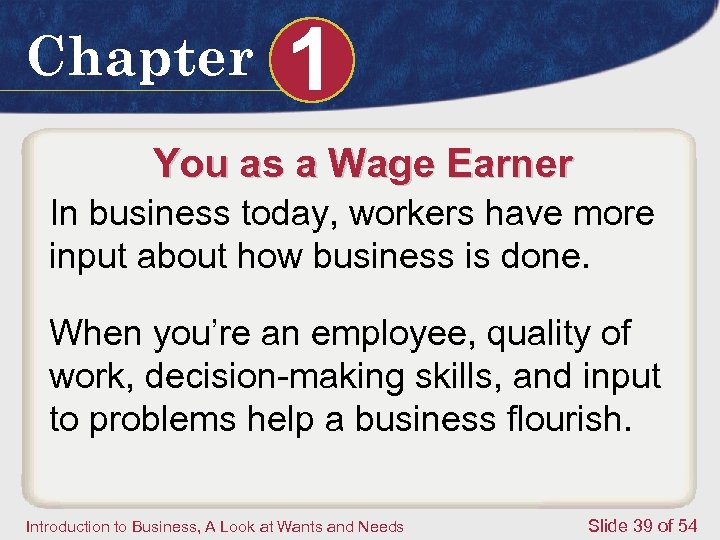 Chapter 1 You as a Wage Earner In business today, workers have more input