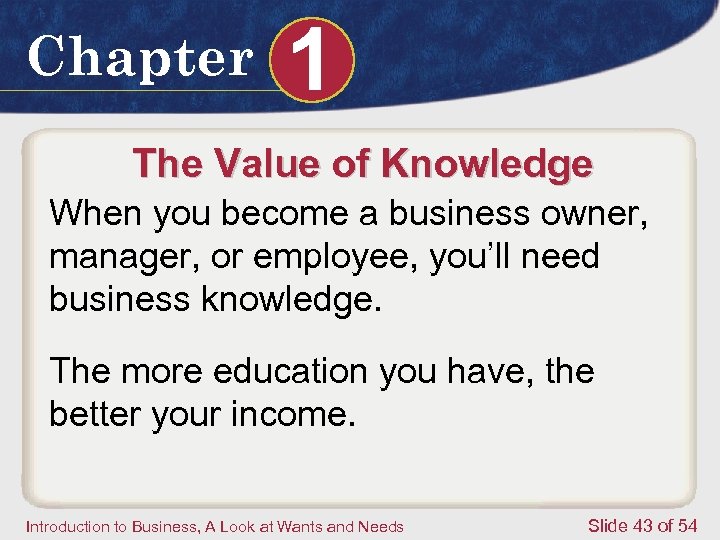 Chapter 1 The Value of Knowledge When you become a business owner, manager, or