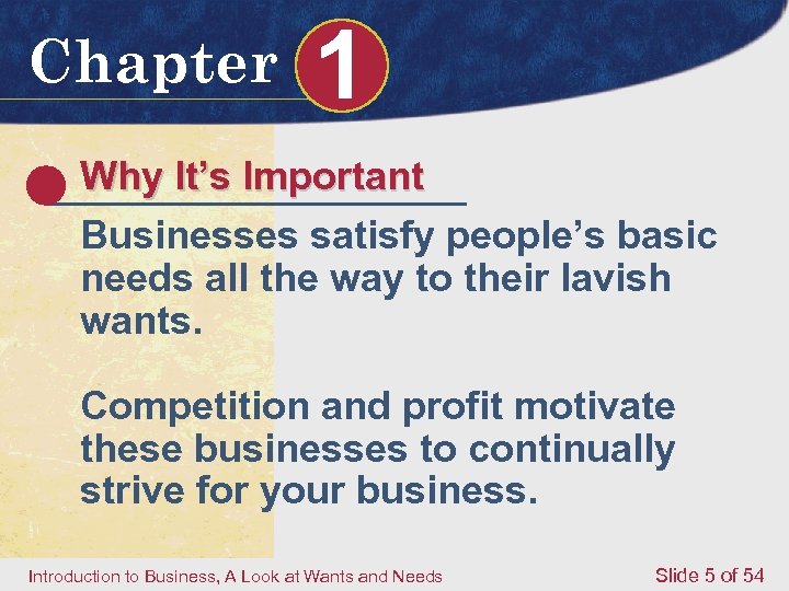 Chapter 1 Why It’s Important Businesses satisfy people’s basic needs all the way to