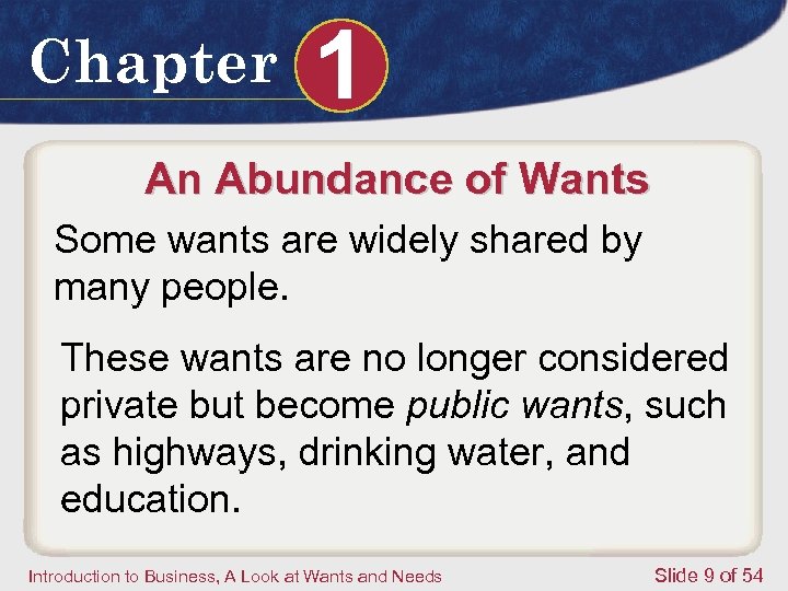 Chapter 1 An Abundance of Wants Some wants are widely shared by many people.