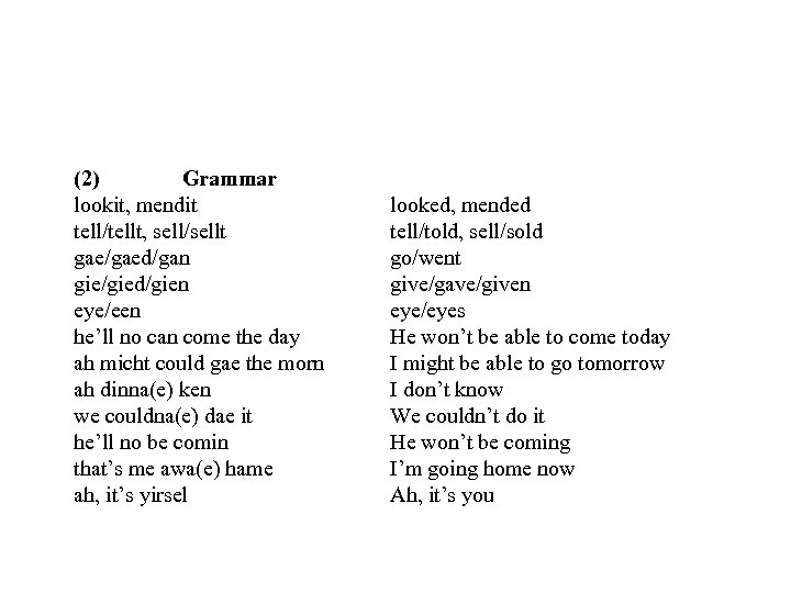 (2) Grammar lookit, mendit tell/tellt, sell/sellt gae/gaed/gan gie/gied/gien eye/een he’ll no can come the
