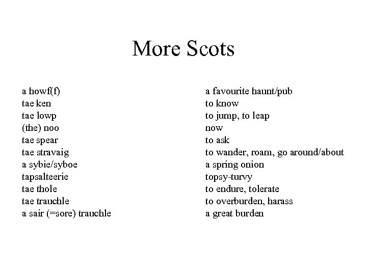 More Scots a howf(f) tae ken tae lowp (the) noo tae spear tae stravaig