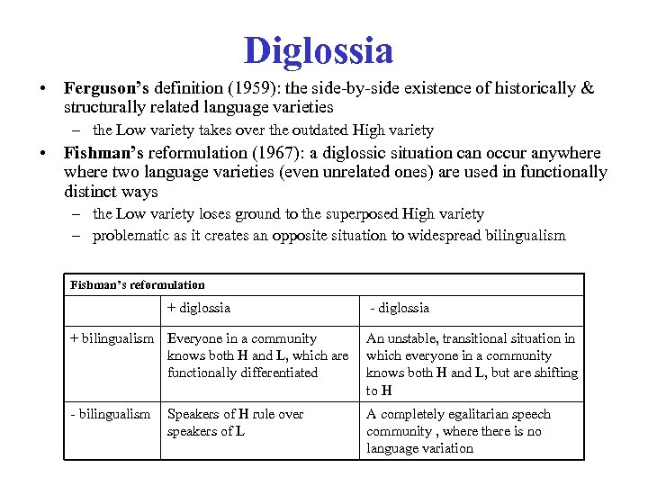Diglossia • Ferguson’s definition (1959): the side-by-side existence of historically & structurally related language