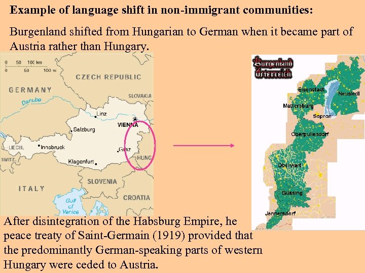 Example of language shift in non-immigrant communities: Burgenland shifted from Hungarian to German when