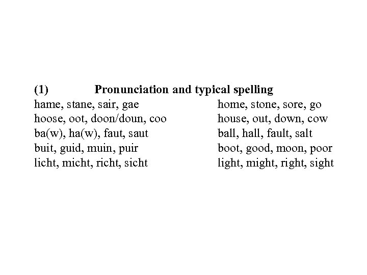 (1) Pronunciation and typical spelling hame, stane, sair, gae home, stone, sore, go hoose,