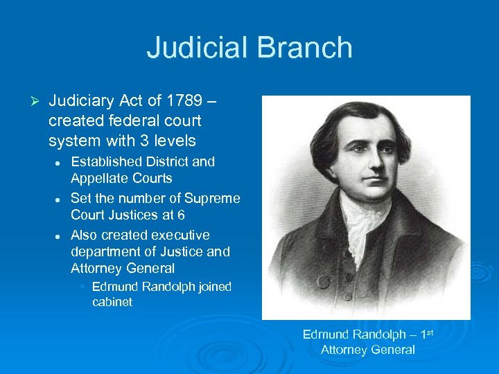 Judicial Branch Ø Judiciary Act of 1789 – created federal court system with 3