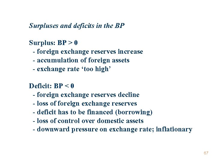 Surpluses and deficits in the BP Surplus: BP > 0 - foreign exchange reserves