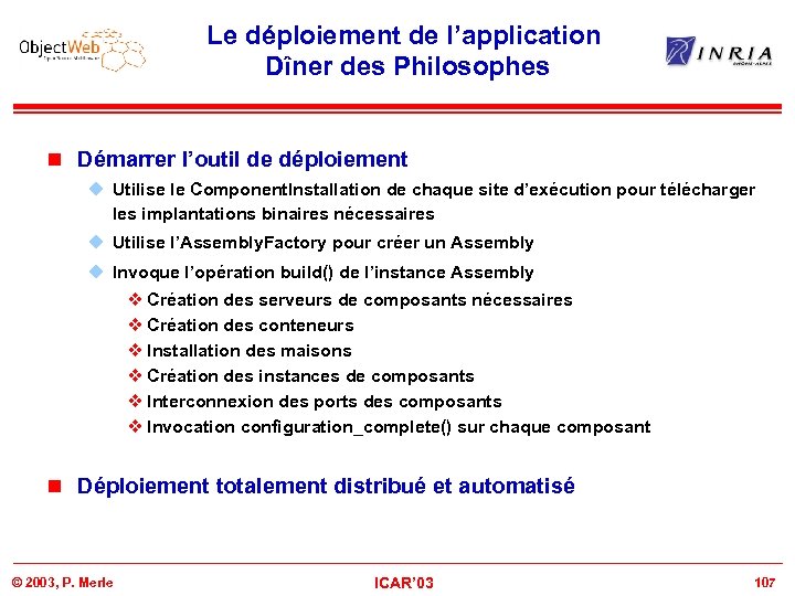 Le déploiement de l’application Dîner des Philosophes n Démarrer l’outil de déploiement u Utilise