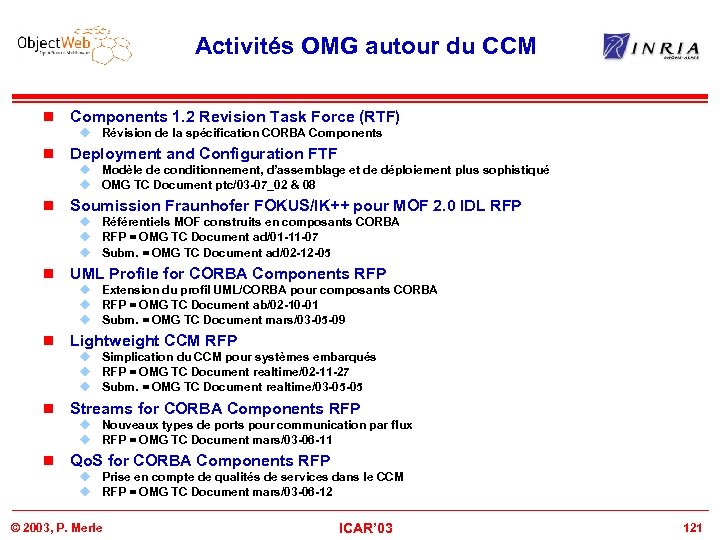 Activités OMG autour du CCM n Components 1. 2 Revision Task Force (RTF) u