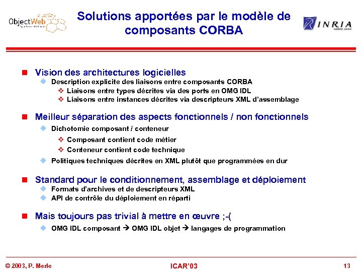 Solutions apportées par le modèle de composants CORBA n Vision des architectures logicielles u