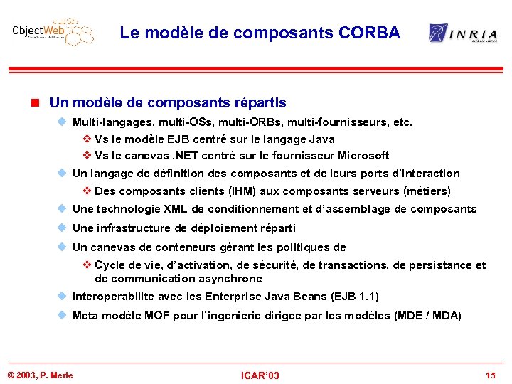 Le modèle de composants CORBA n Un modèle de composants répartis u Multi-langages, multi-OSs,