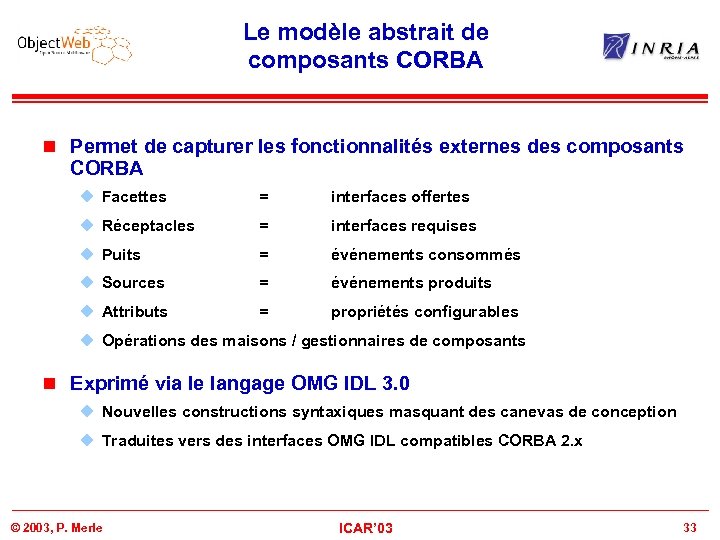 Le modèle abstrait de composants CORBA n Permet de capturer les fonctionnalités externes des
