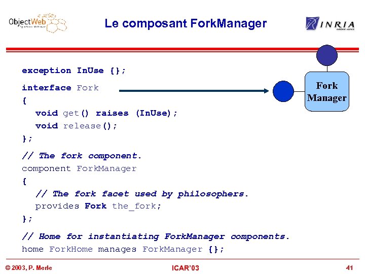 Le composant Fork. Manager exception In. Use {}; interface Fork { void get() raises