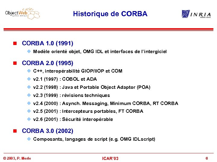 Historique de CORBA n CORBA 1. 0 (1991) u Modèle orienté objet, OMG IDL