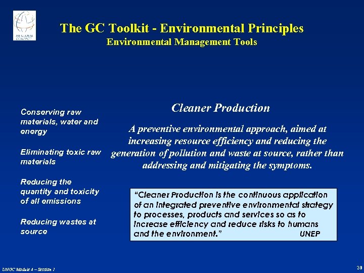 The GC Toolkit - Environmental Principles Environmental Management Tools Conserving raw materials, water and