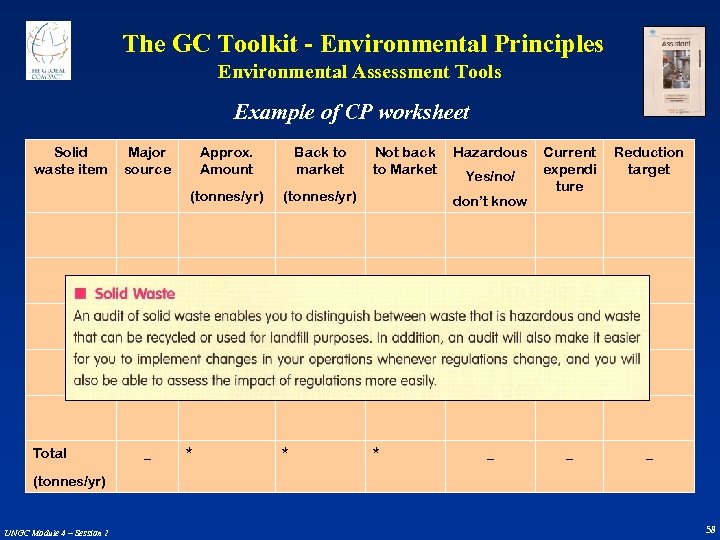  The GC Toolkit - Environmental Principles Environmental Assessment Tools Example of CP worksheet