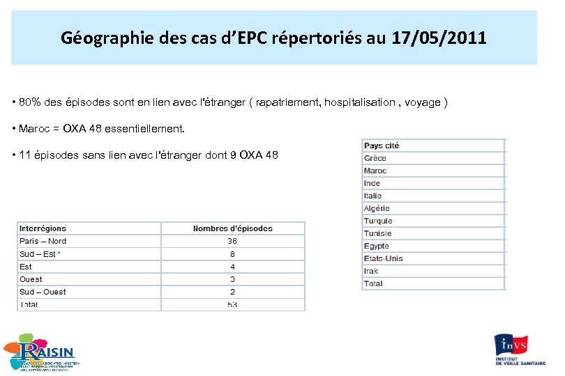 Géographie des cas d’EPC répertoriés au 17/05/2011 • 80% des épisodes sont en lien