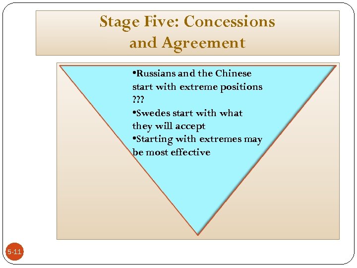 Stage Five: Concessions and Agreement • Russians and the Chinese start with extreme positions